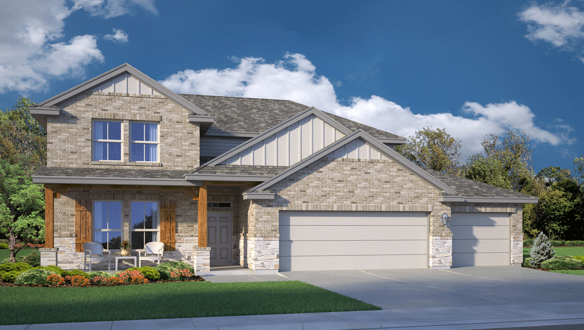 Magnolia X exterior elevation rendering with three car garage