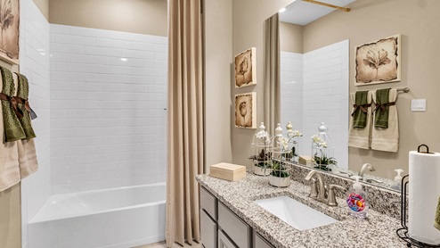 Country Meadows secondary bathroom with granite tops and gray cabinets.