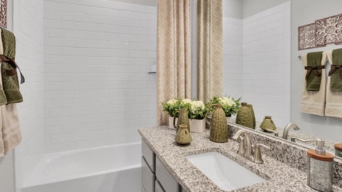 Country Meadows secondary bathroom with granite tops and gray cabinets.