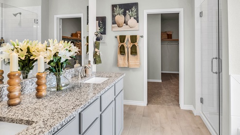 Country Meadows primary bathroom with wood look tile, granite tops and gray cabinets.