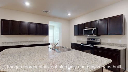 Kingston kitchen with dark cabinets, granite and tile flooring.