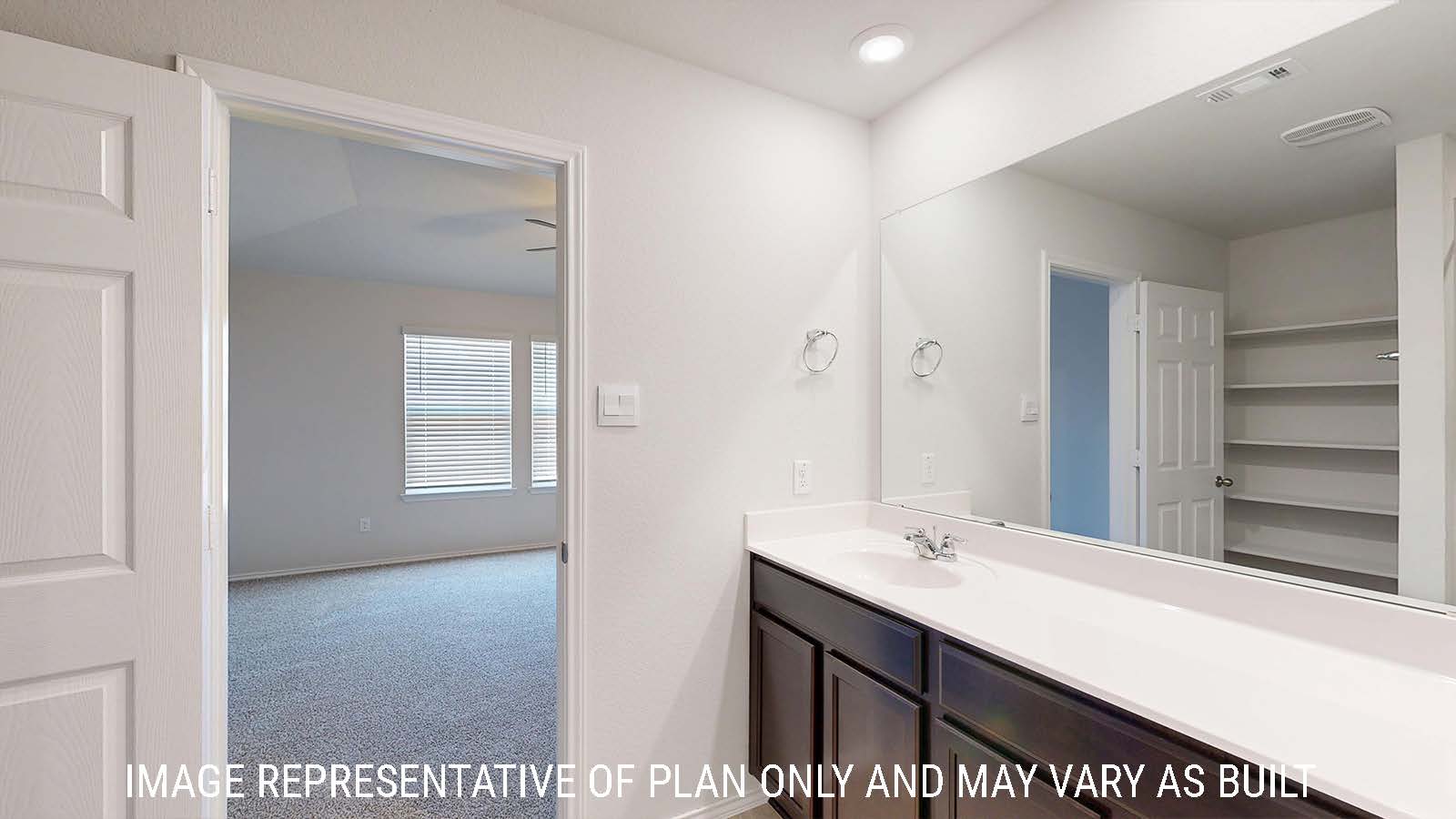 Harris primary bathroom with vanity sink and dark cabinets with view of shelving for storage.