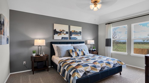 Oak Ridge model home primary bedroom with king sized bedroom and accent wall painted,