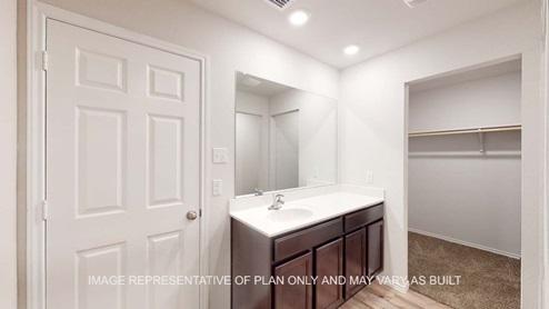 Ashburn primary bathroom with dark cabinets and white countertops.