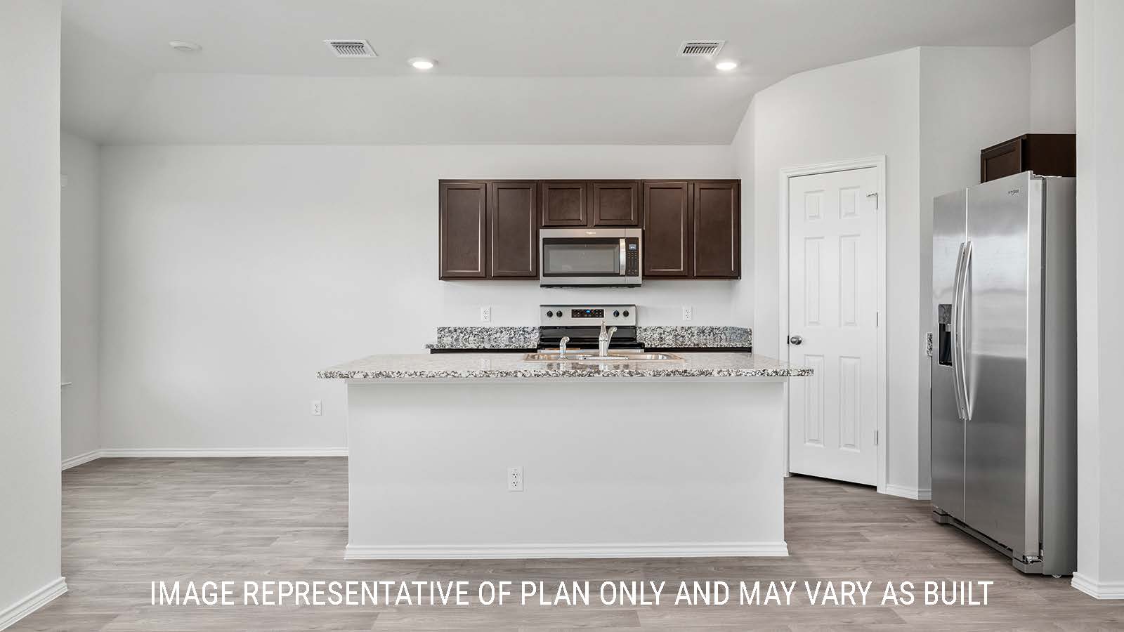 Ashburn living room with view of kitchen island with granite countertops.