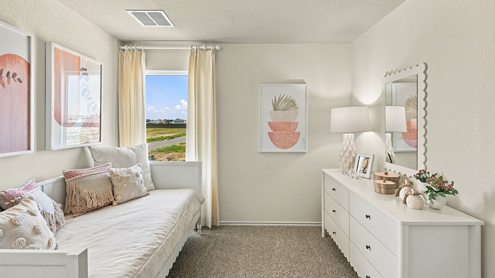 Pepper Creek Crossing model secondary bedroom with carpeted flooring and window for natural lighting.