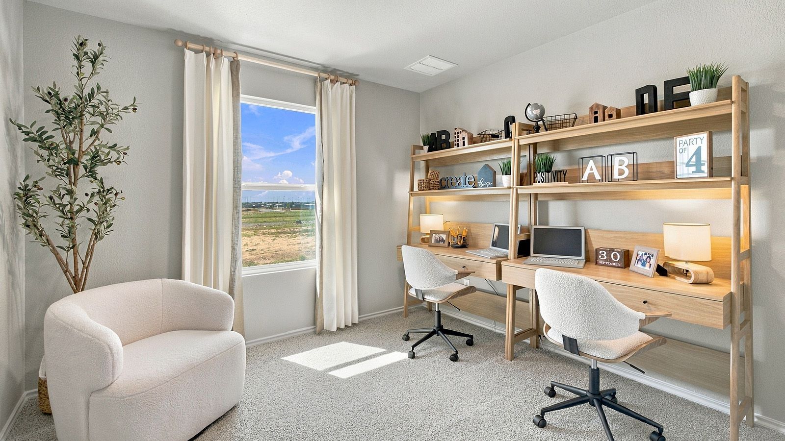 Pepper Creek Crossing model secondary bedroom with carpeted flooring and window for natural lighting.
