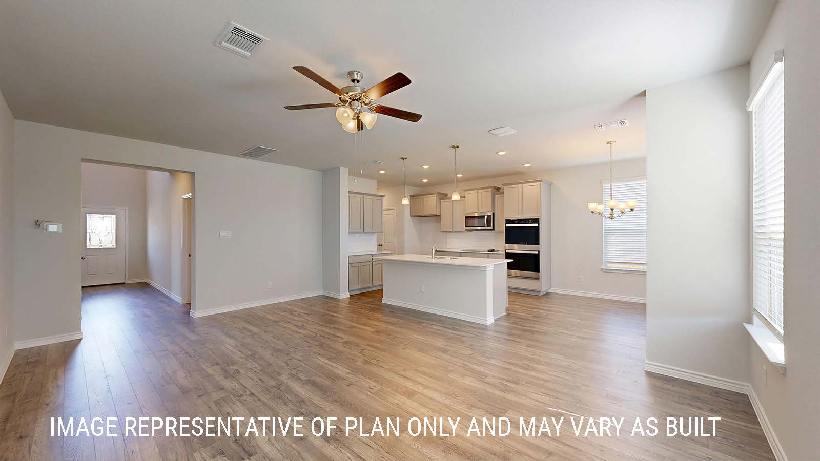 Sonoma living room with view of open concept dining room and kitchen.