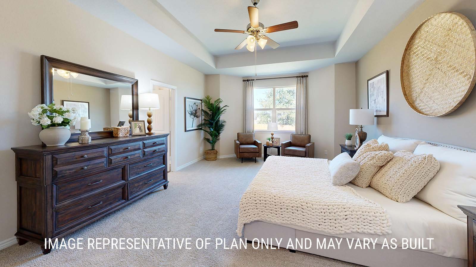 Newburgh primary bedroom with carpeted flooring windows for lighting.