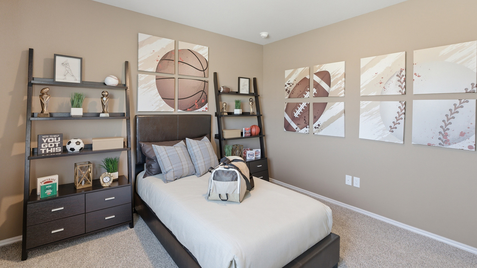 Eagles Landing Model Home secondary bedroom with carpeted flooring and twin size bed.