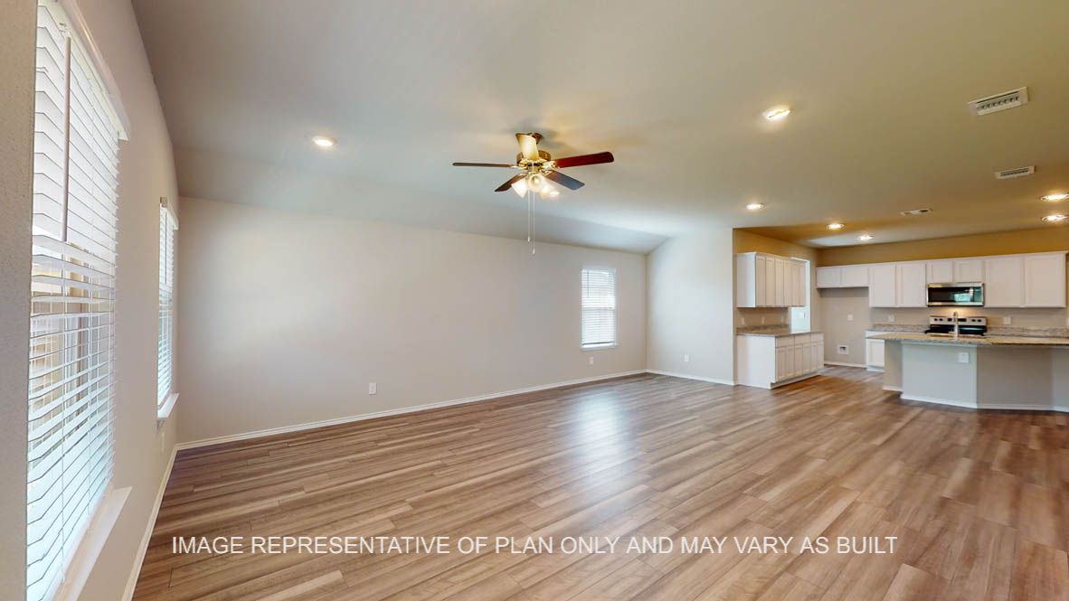 Kingston kitchen entry with view of living and dining room.