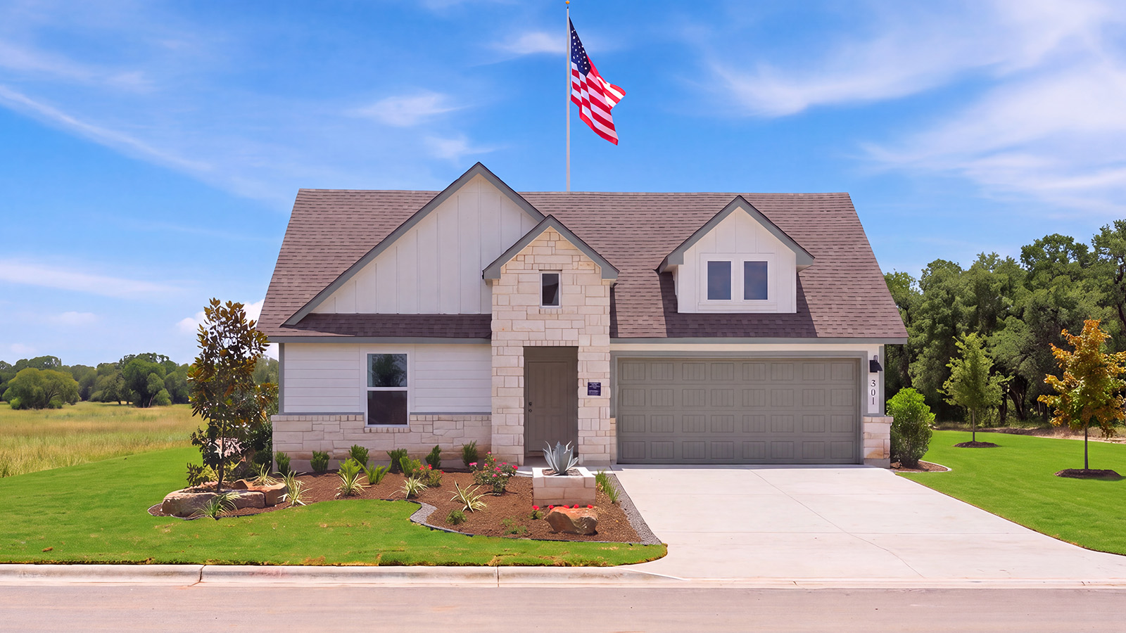 Rancho San Gabriel model home front exterior with landscape.