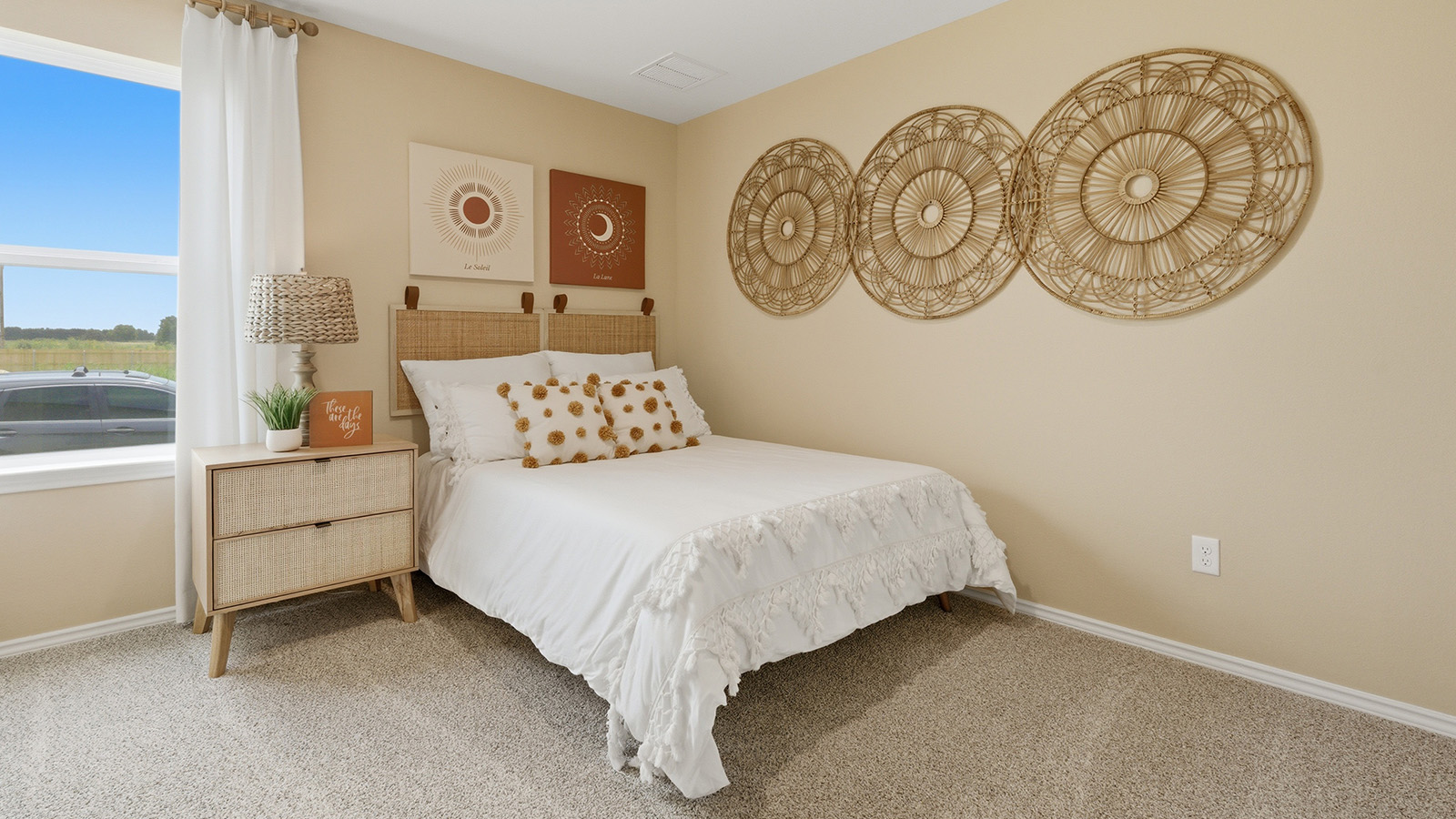 Ranch San Gabriel secondary bedroom with carpeted flooring and window for natural lighting.