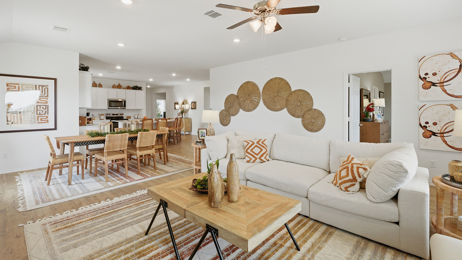 Ranch San Gabriel living room with view of open concept dining room and kitchen.