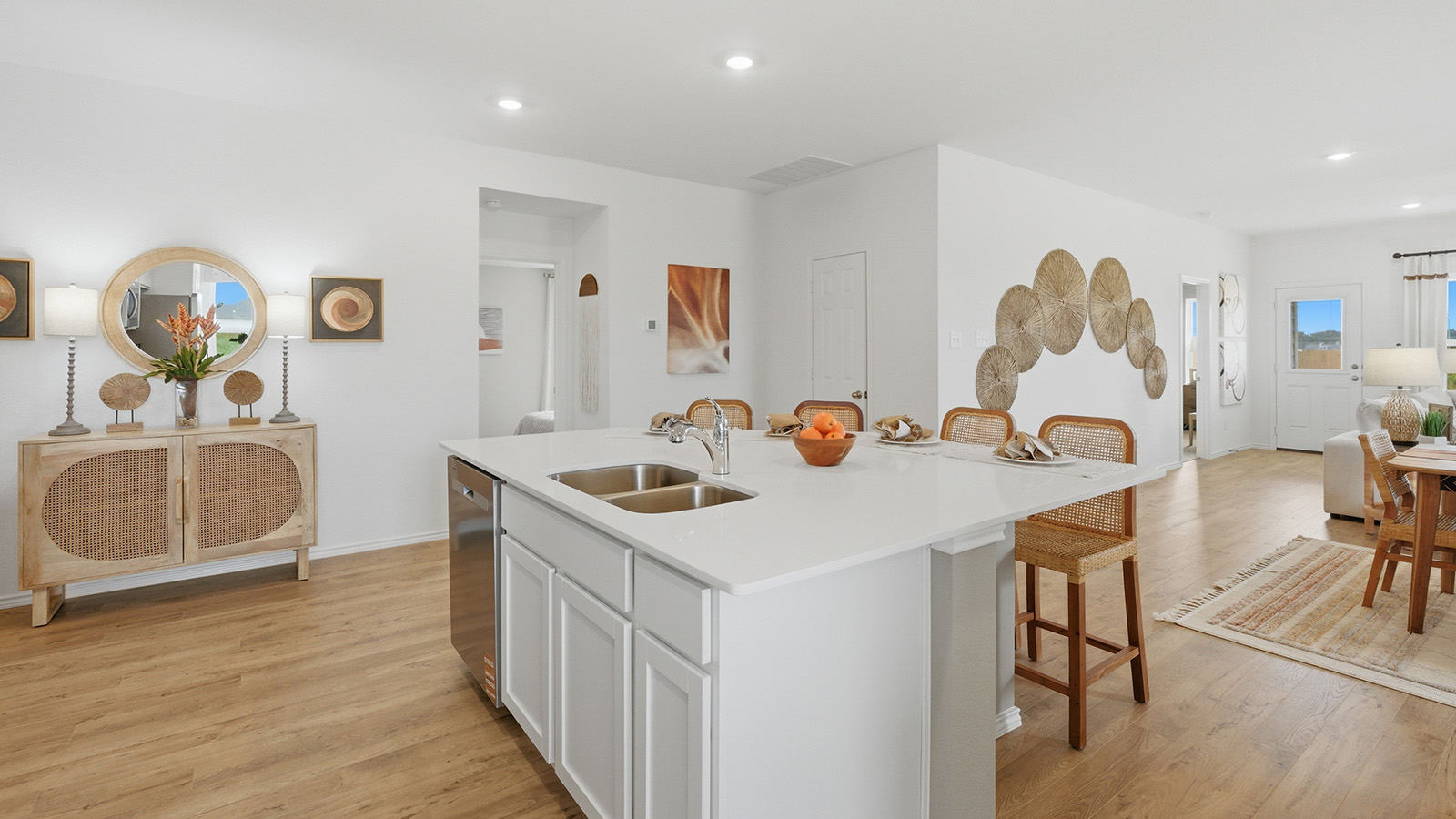 Ranch San Gabriel kitchen with kitchen island and view of open concept dining room.