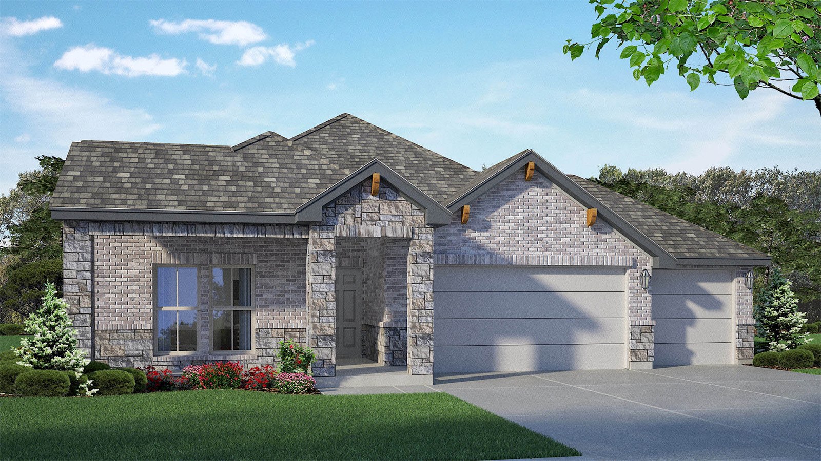 Monroe X Elevation with 3 Car Garage.