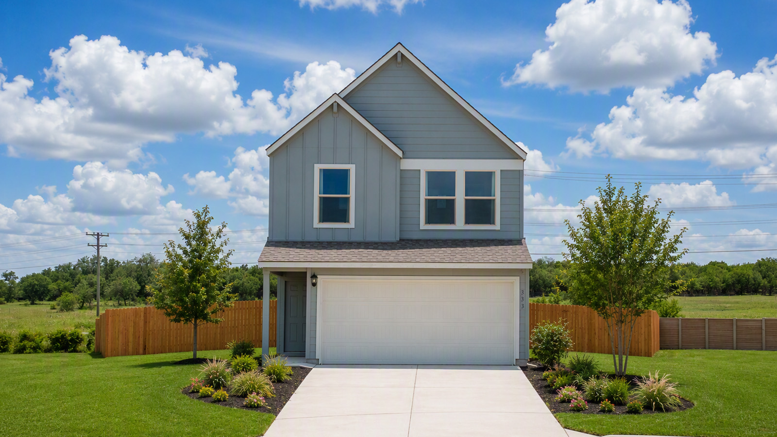Cool Water model home front exterior view with landscape.