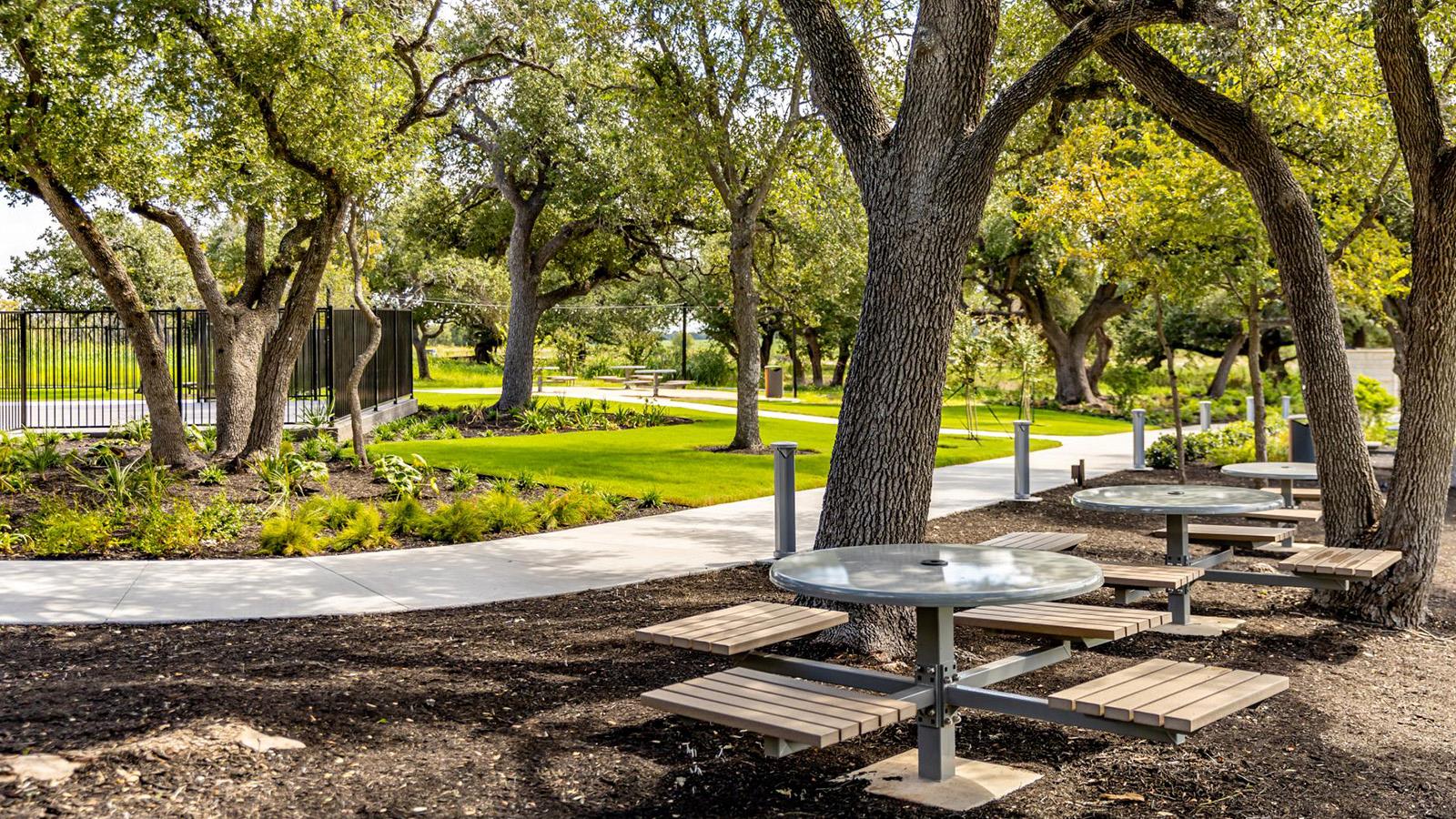 Cool Water Model Home Amenity Exterior Bench Tables.
