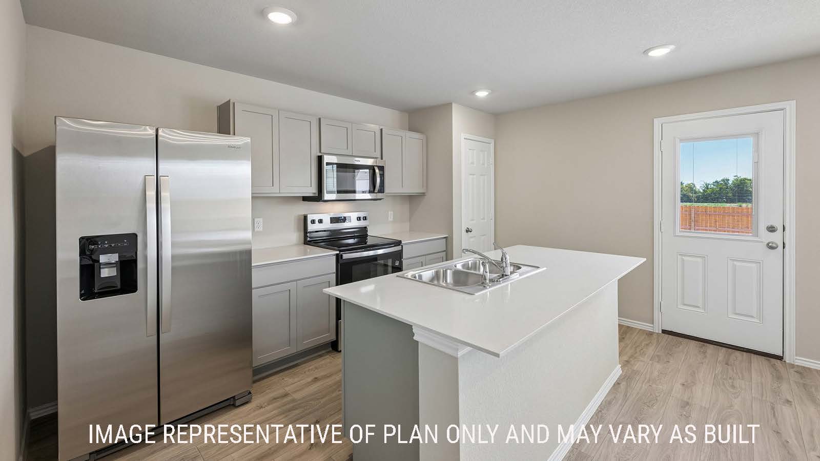 Gardenia kitchen with kitchen island with grey cabinets and granite countertops.