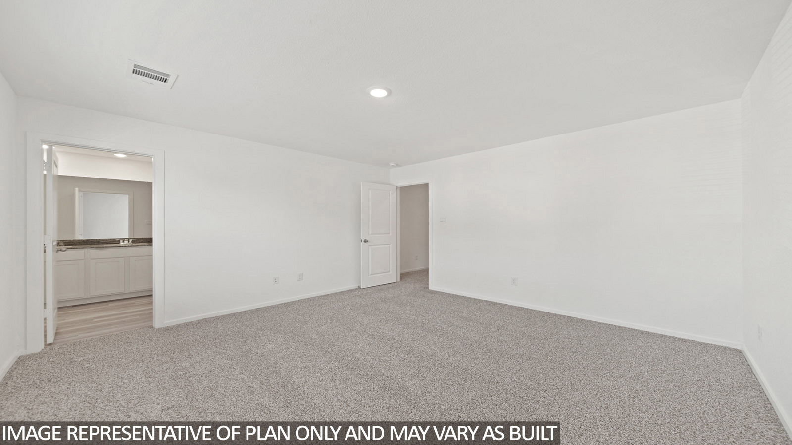 Gardenia primary bedroom with carpeted flooring and view of primary bathroom.