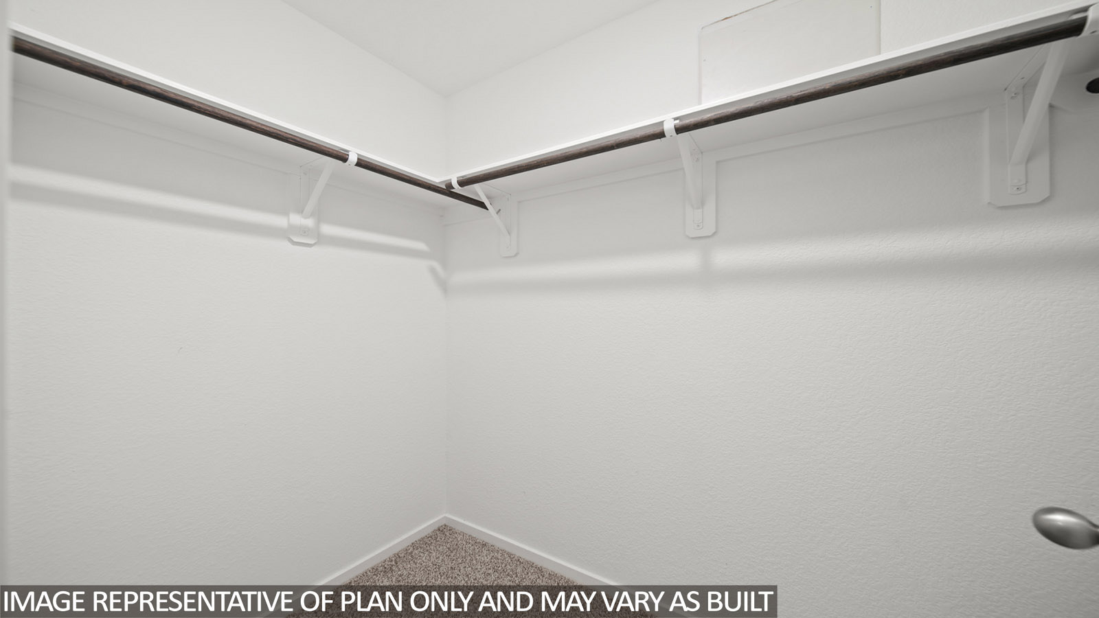 Gardenia primary bedroom walk-in closet with carpeted flooring an shelving for storage.