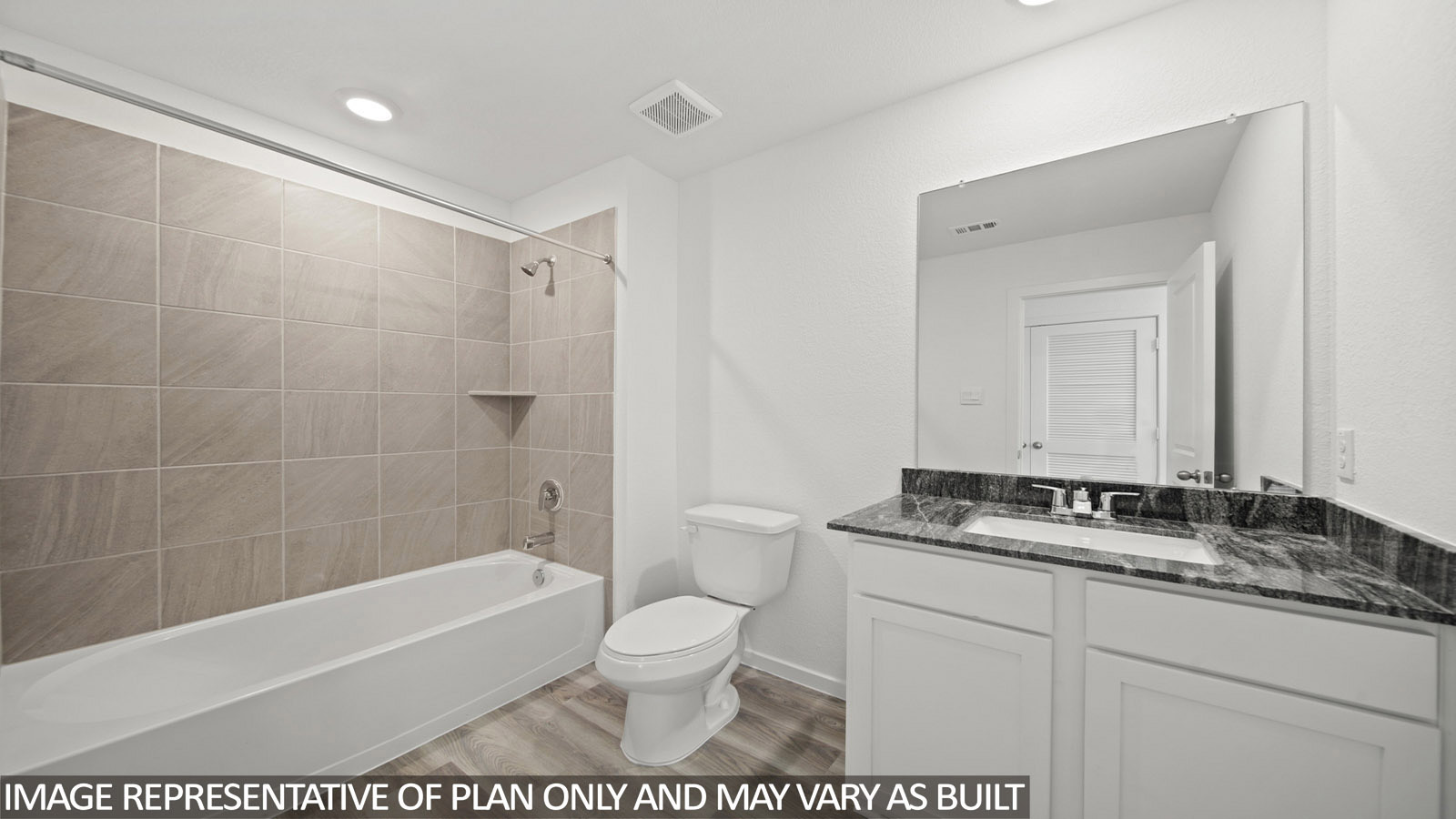 Gardenia secondary bathroom with vanity sink and shower and tub combo.