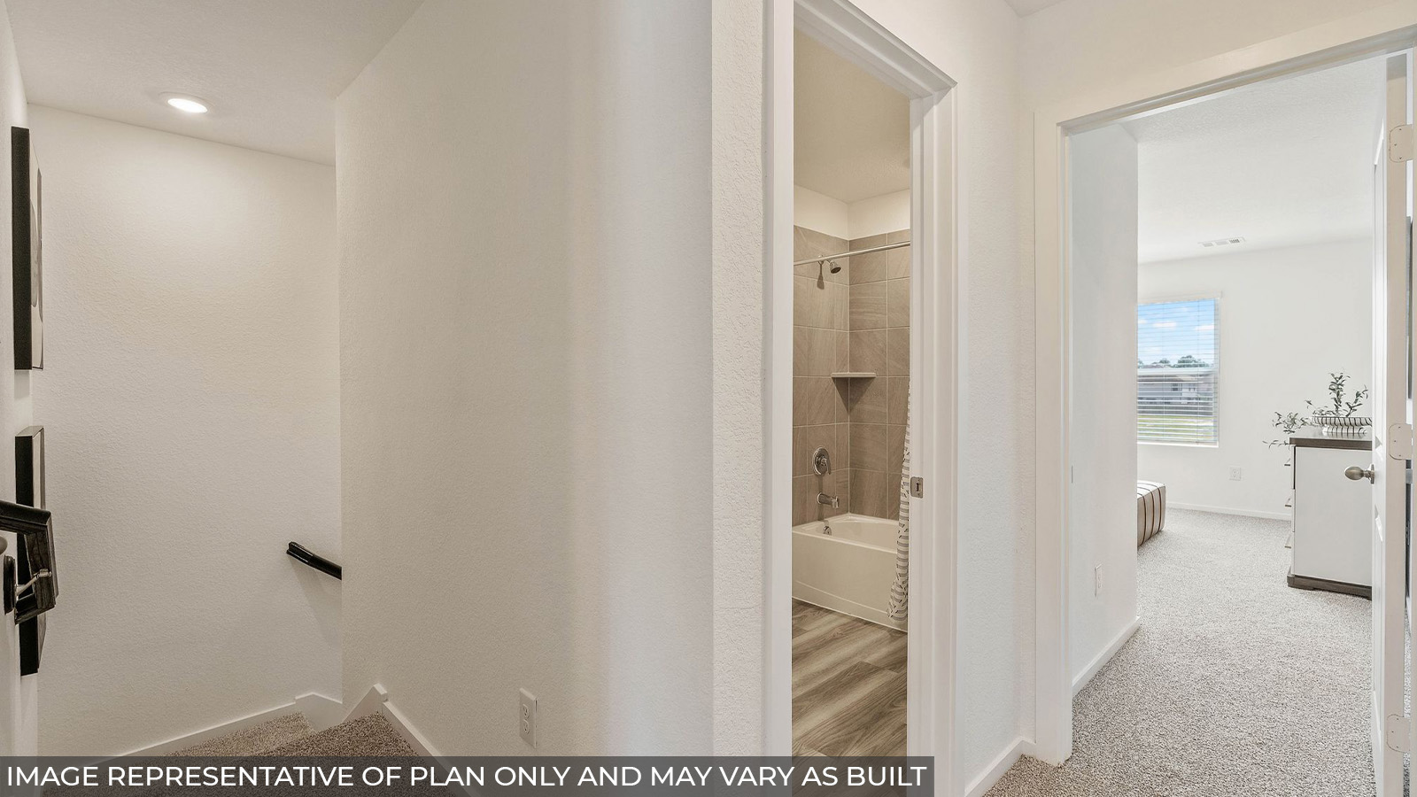 Hibiscus hallway with carpeted flooring and view of secondary bedroom and secondary bathroom.