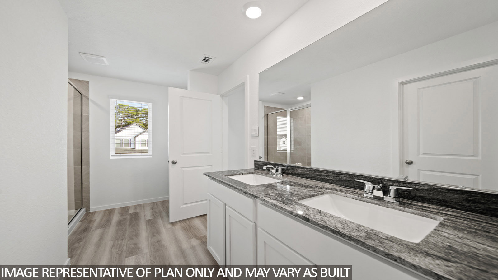 Iris primary bathroom with vanity sink and walk-in shower with view of primary bedroom.