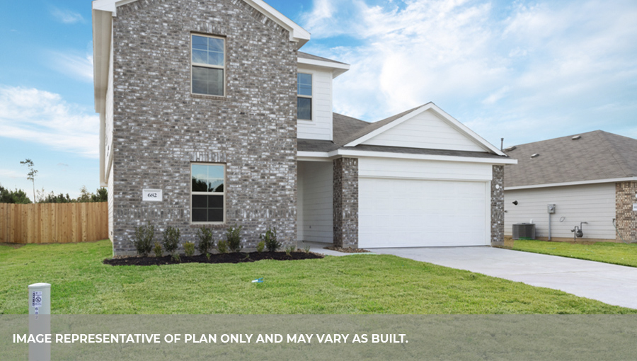 Two-story house with brown bricks and white highlights.