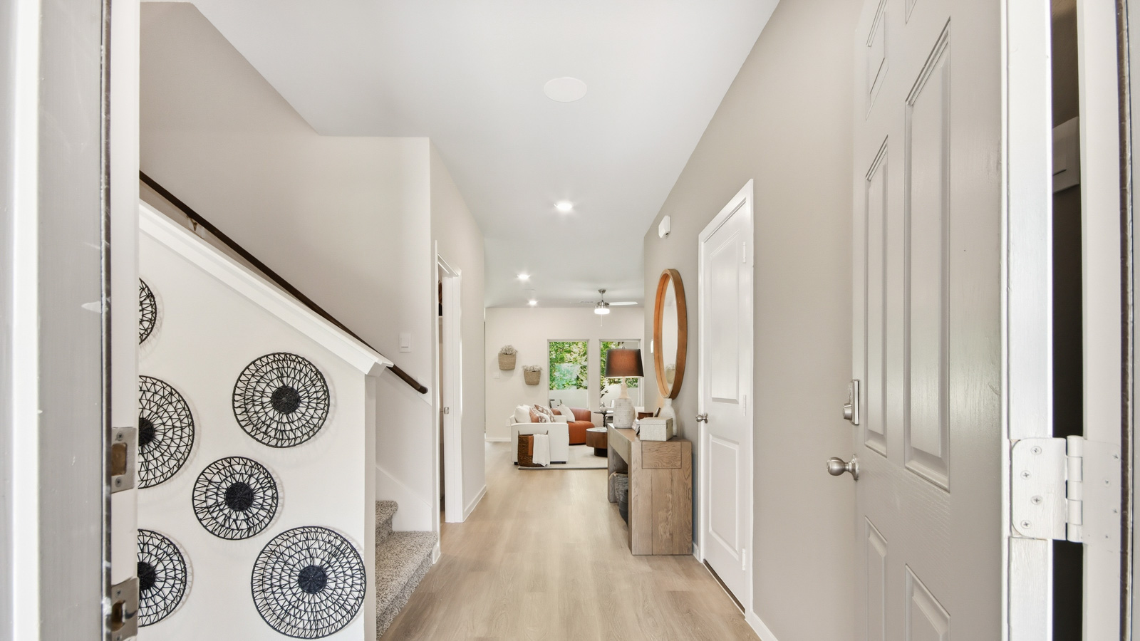 Entry hallway with vinyl flooring sherman williams painted walls