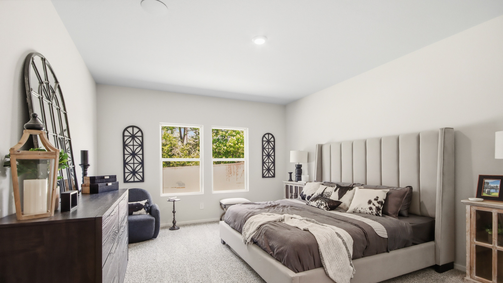Large Primary bedroom with shag carpet flooring and bright window