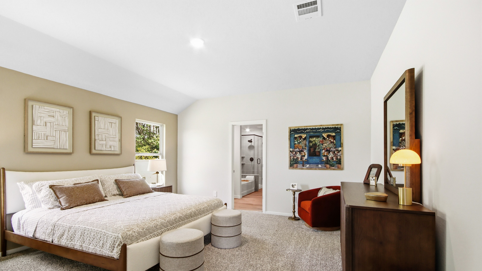 Large Primary bedroom with shag carpet flooring and bright window