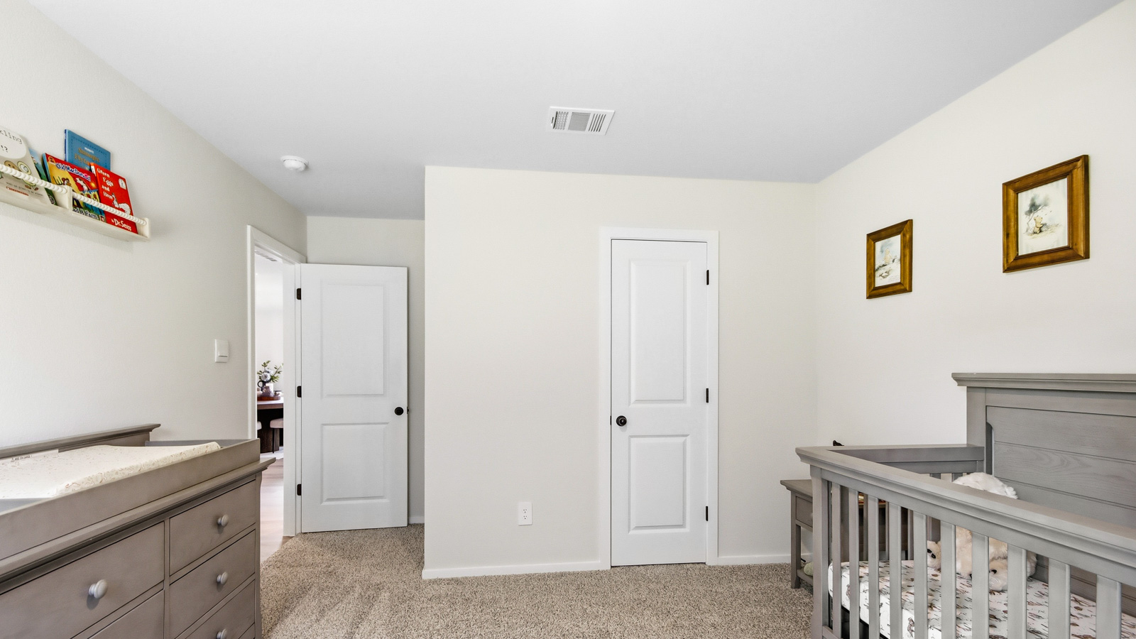 Secondary bedroom with shag carpet flooring and bright window