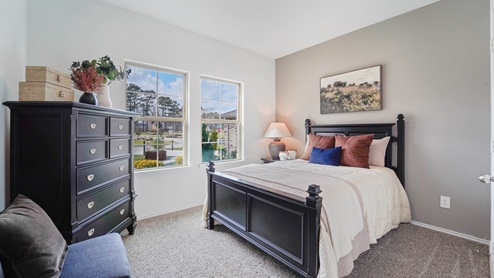 Secondary bedroom with windows, white walls, and light carpet.