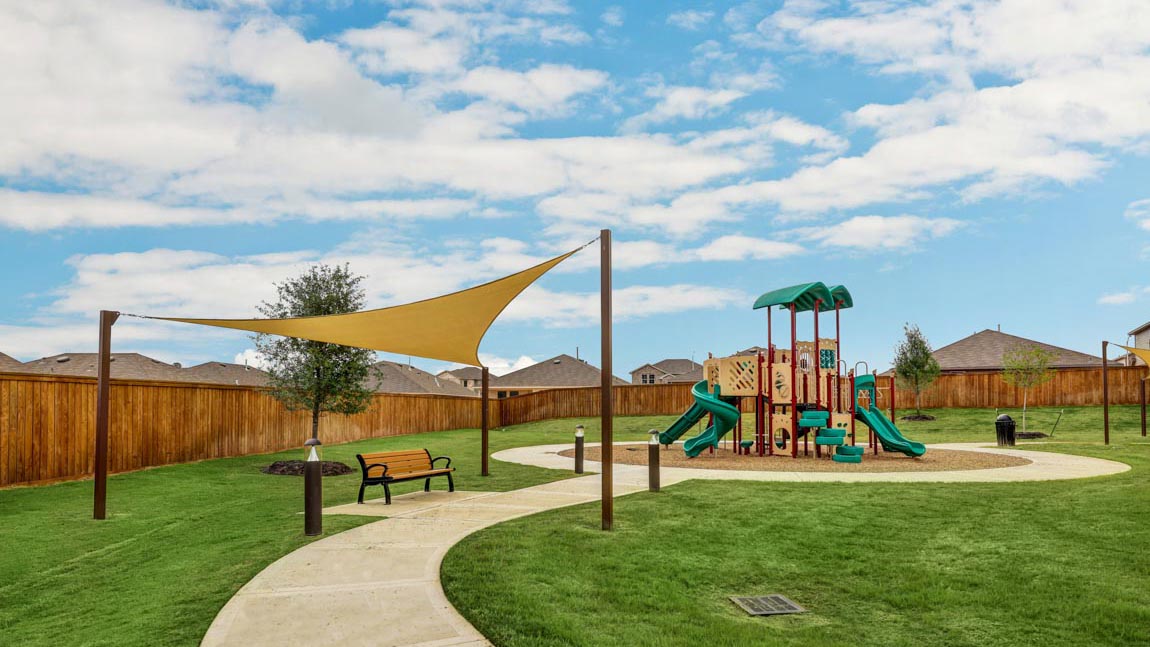 amenities in Mill Creek community located in Magnolia TX. Pool and park and picnic benches and playground