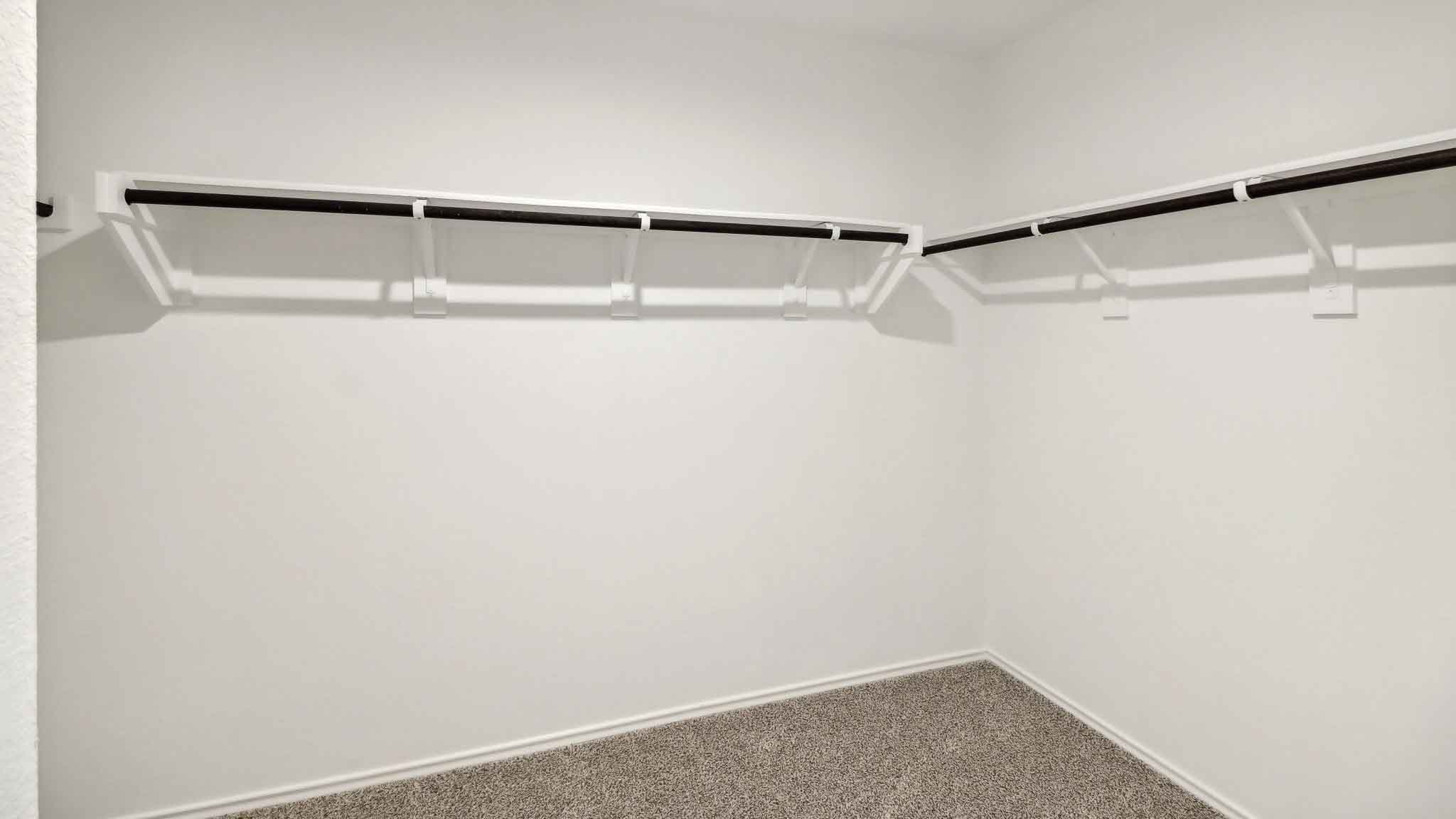 Primary walk-in closet with carpet flooring.