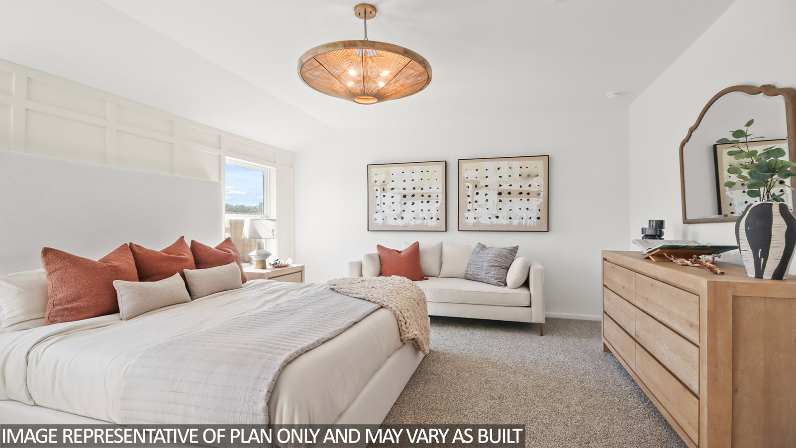 Large Primary bedroom with shag carpet flooring and bright window