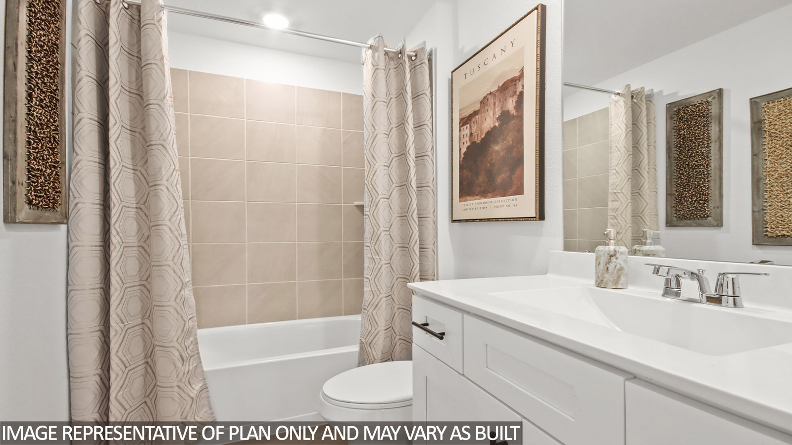 Secondary bathroom with tub/shower combo with quartz counter tops in Magnolia TX