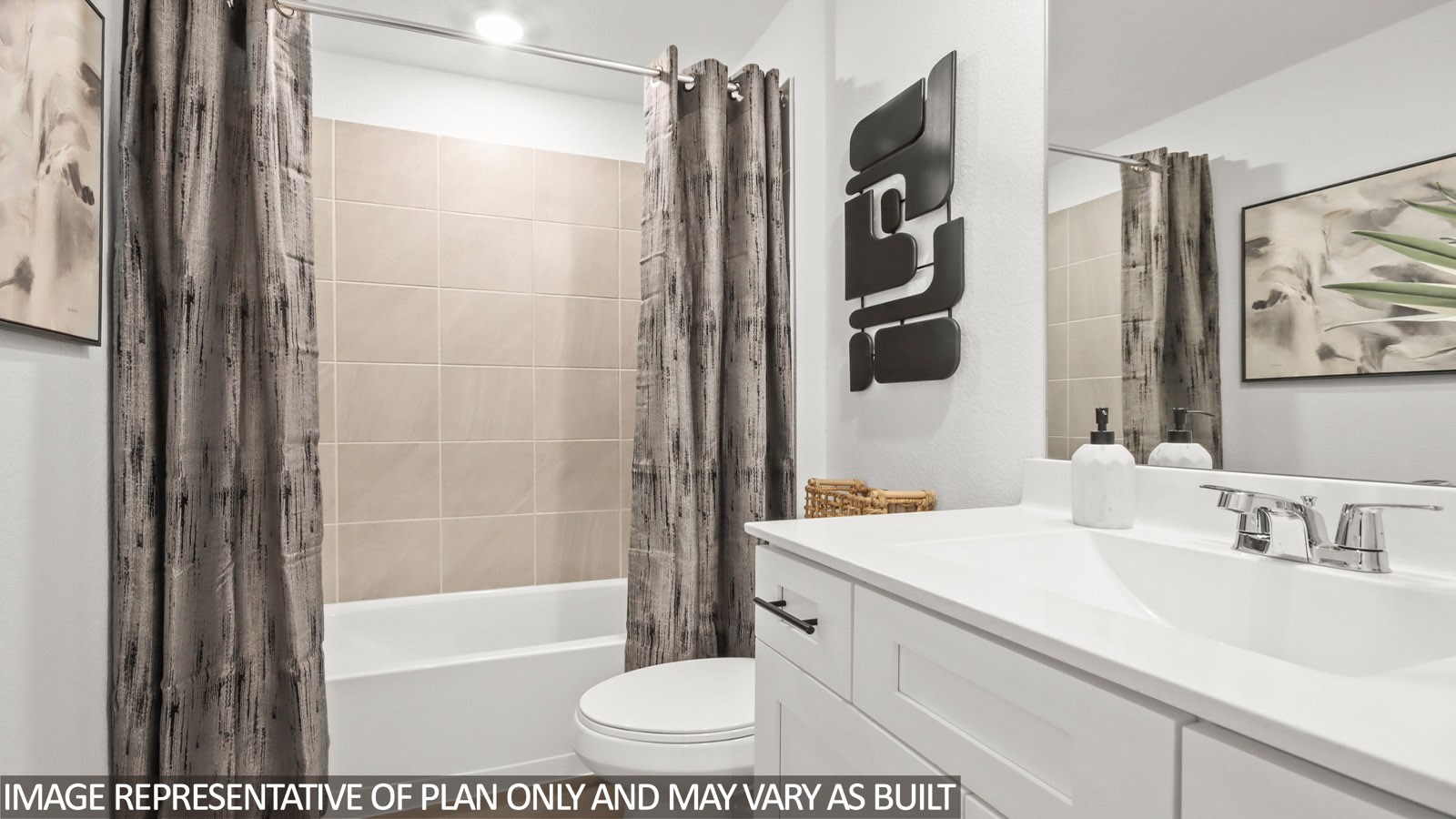 Secondary bathroom with tub/shower combo with quartz counter tops in Magnolia TX