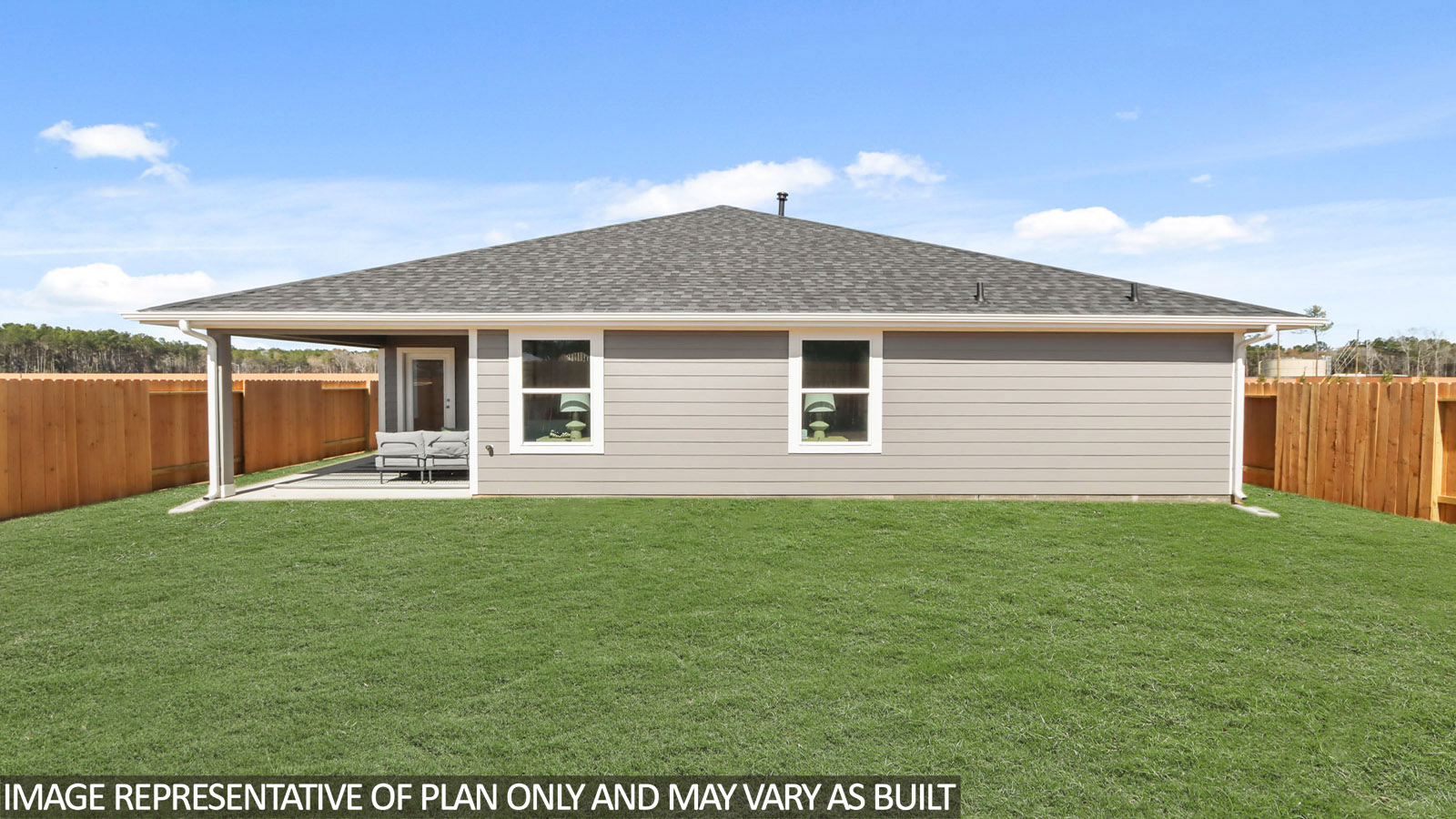 covered patio with jamies hardie siding and overhead lighting