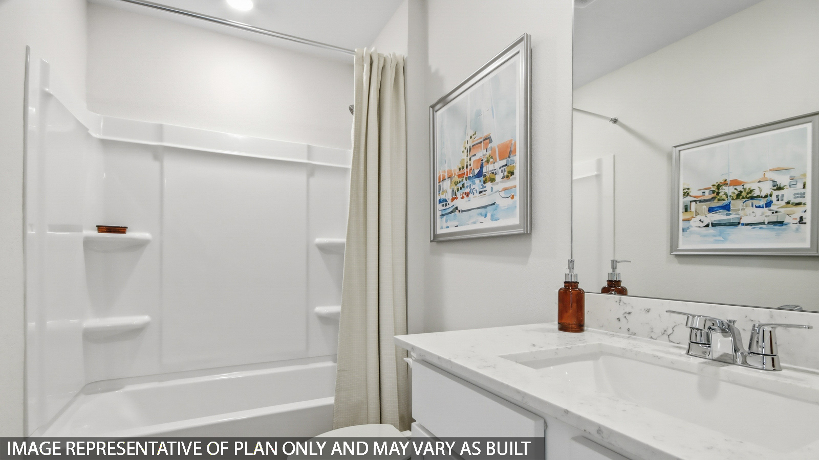 Secondary bathroom with tub/shower combo with quartz counter tops in Magnolia TX