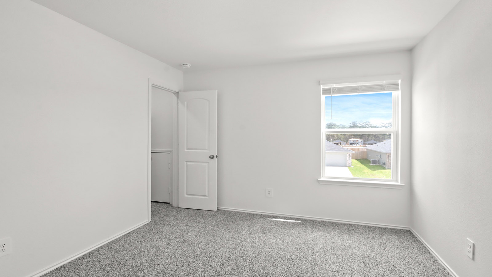 Secondary bedroom with shag carpet flooring and bright window
