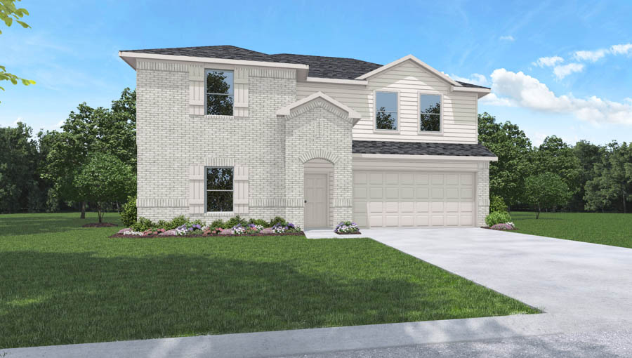 Two-story house rendering with two-car garage.
