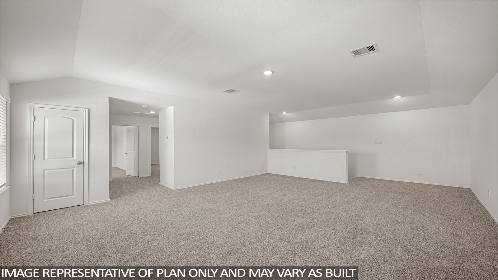 Second story game room with carpet flooring