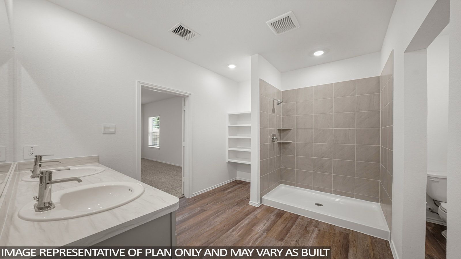 Primary bathroom with stand-alone shower with tiles and semi frameless glass in Magnolia TX