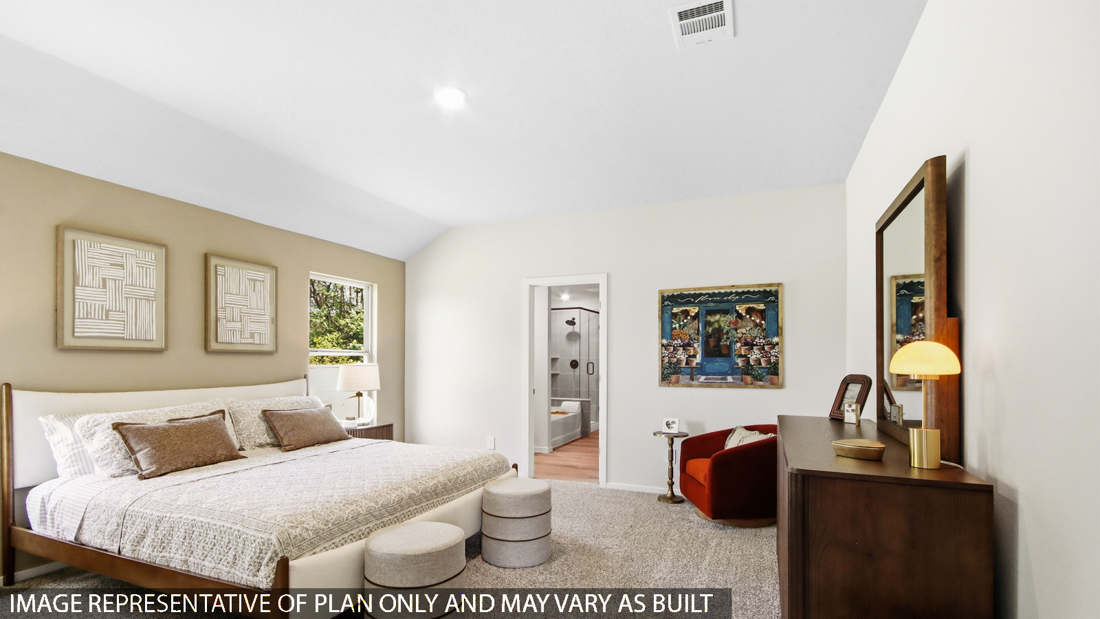 Large Primary bedroom with shag carpet flooring and bright window