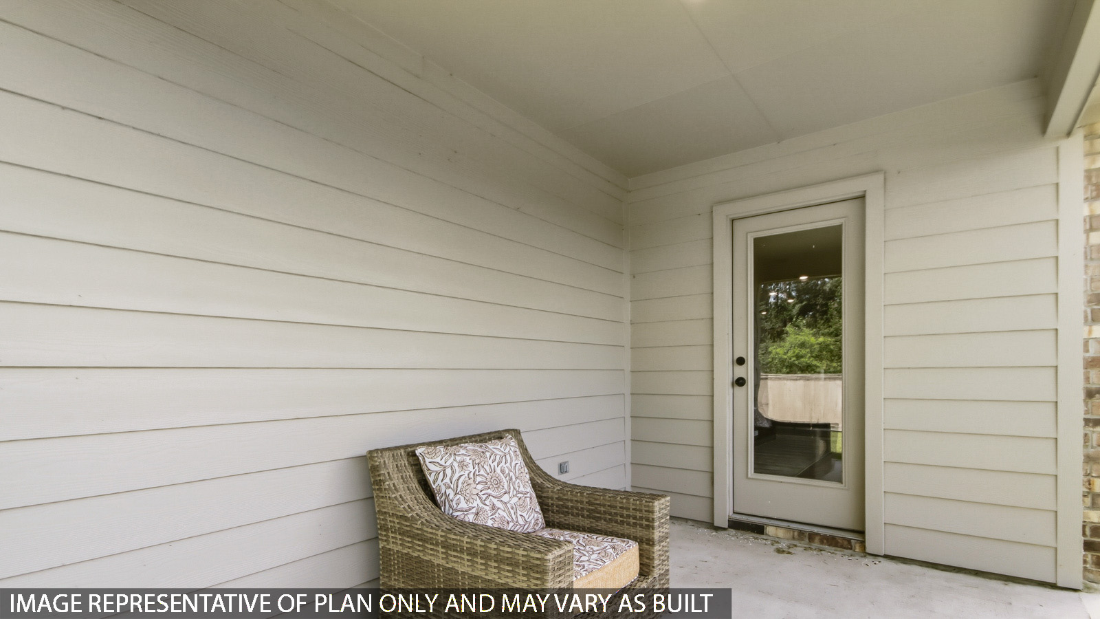 covered patio with jamies hardie siding and overhead lighting