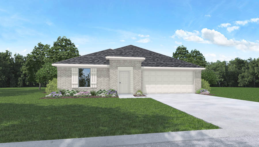 Single-story home rendering with two-car garage.