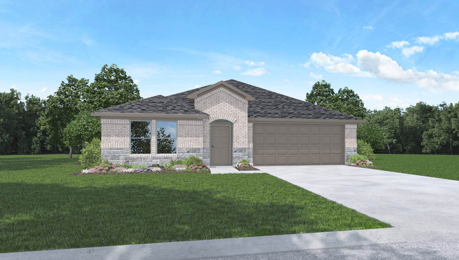 Single-story home rendering with two-car garage.