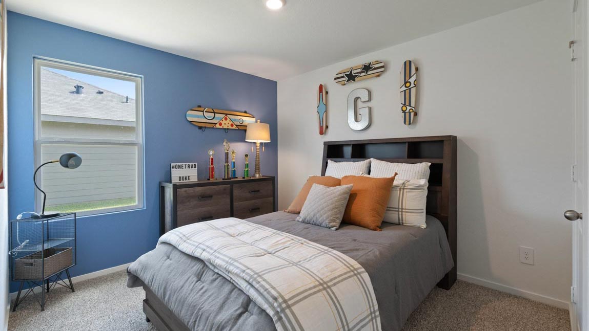 Secondary bedroom with shag carpet flooring and bright window